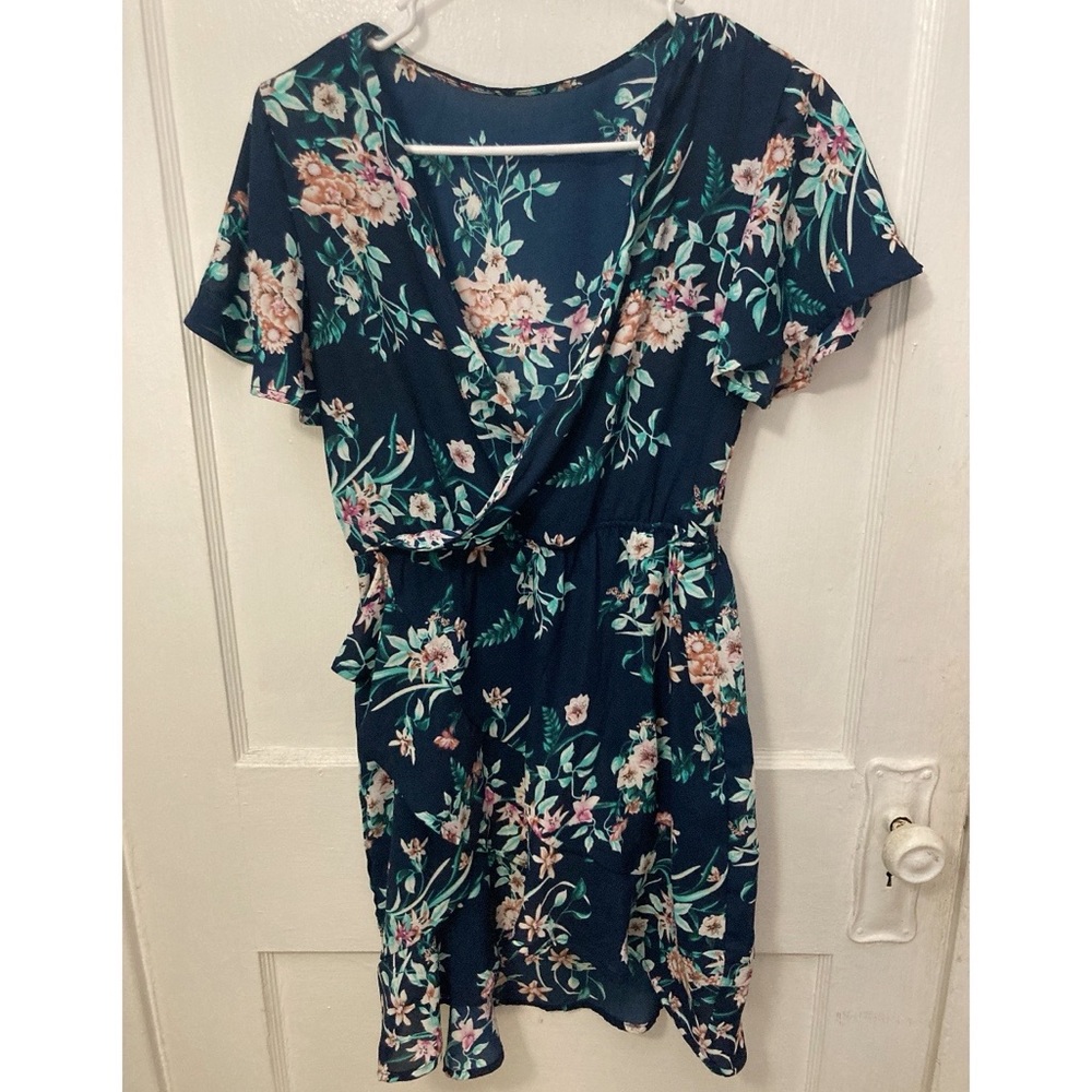 Blue Floral Dress With Sleeves Size M